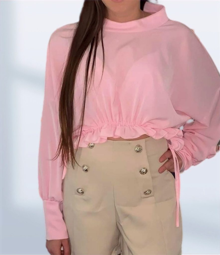 Pink Tie Detail Cropped Blouse